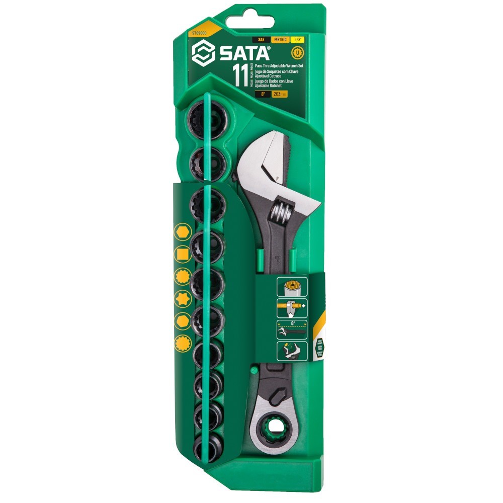 Jogo de soquete 10 a 19 mm com chave catraca/ajustável 11 peças - Vortex X6 Sata - Home & Living