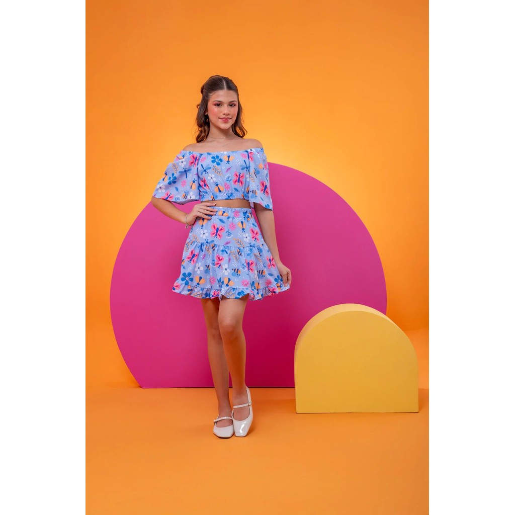 Conjunto verão infantil menina short saia + blusa tendência tropical tamanho 6 e 8