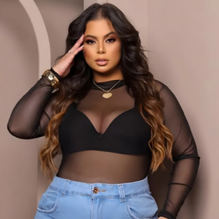 Body De Tule Plus Manga Longa Transparente Blusa Balada em Oferta na Shopee