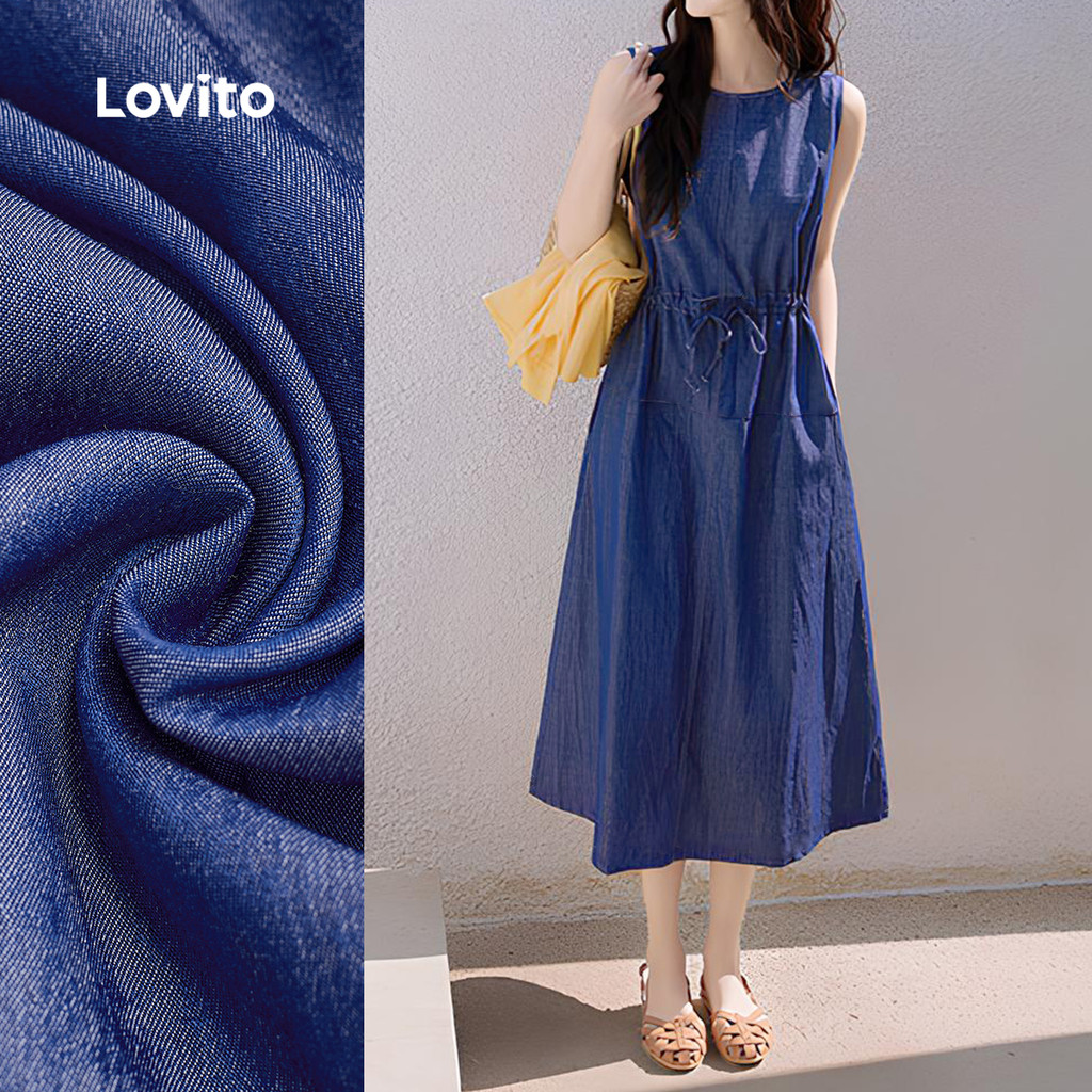 Lovito Vestido Casual de Jeans com Cordão  Primavera/verão  Vestido de Jeans Azul Escuro para mulheres L142LD234 - Women Clothes