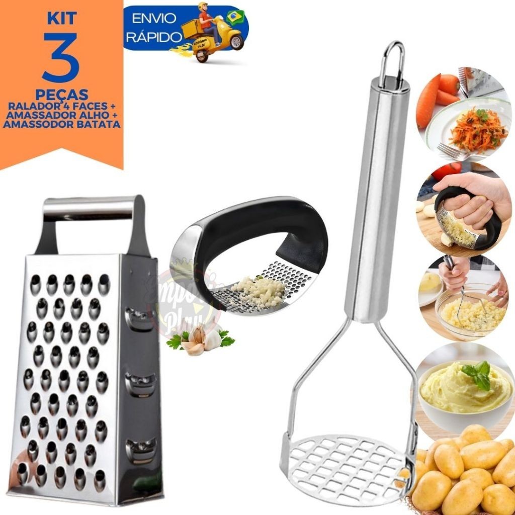 Kit 03 Peças Amassador de Alho + Amassador de Batata + Ralador 4 faces 8" em Inox Profissional