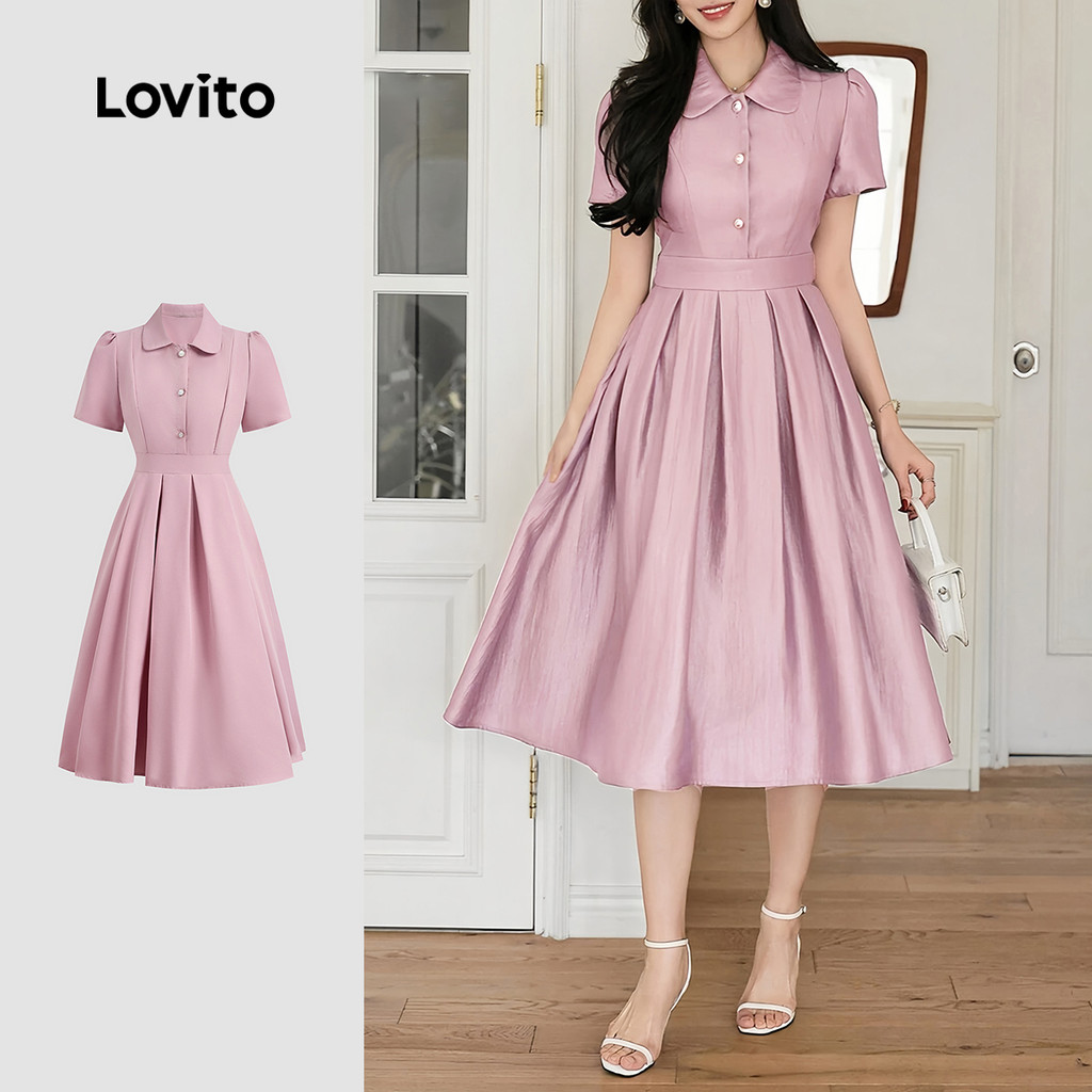 Lovito Vestido Elegante Rosa Com Botões E Gola Primavera/verão Para Mulheres L143ED392 em Oferta na Shopee