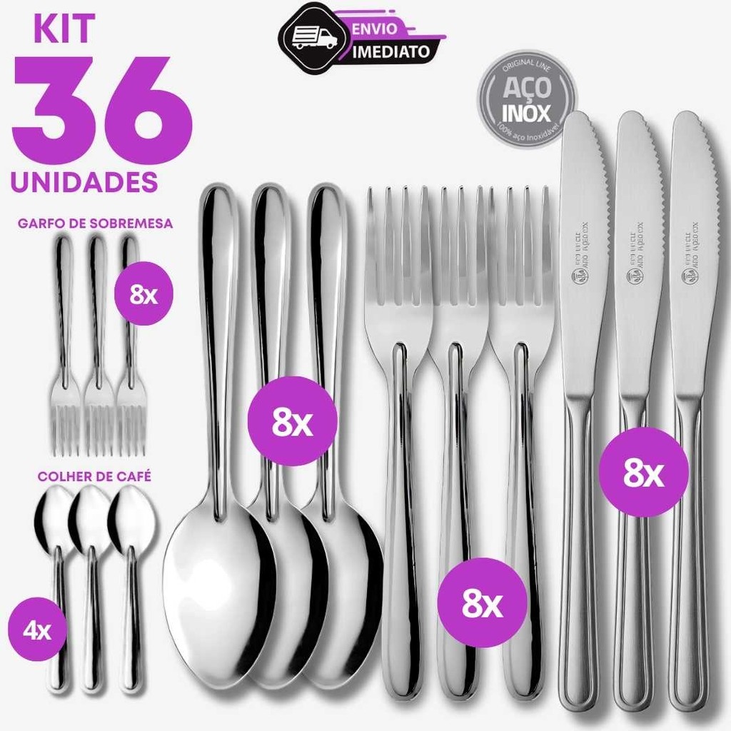 Jogo 36 Talher Inox 8 Garfo 8 Faca 8 Colher 4 Colher Café 8 Garfo Sobremesa Sopa Jantar SelfService