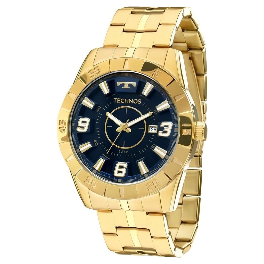 Relógio Pulso Masculino Technos 2115KYZ4A Racer Premium Dourado Fundo Azul Analógico Pulseira Aço Prova D'água 50m