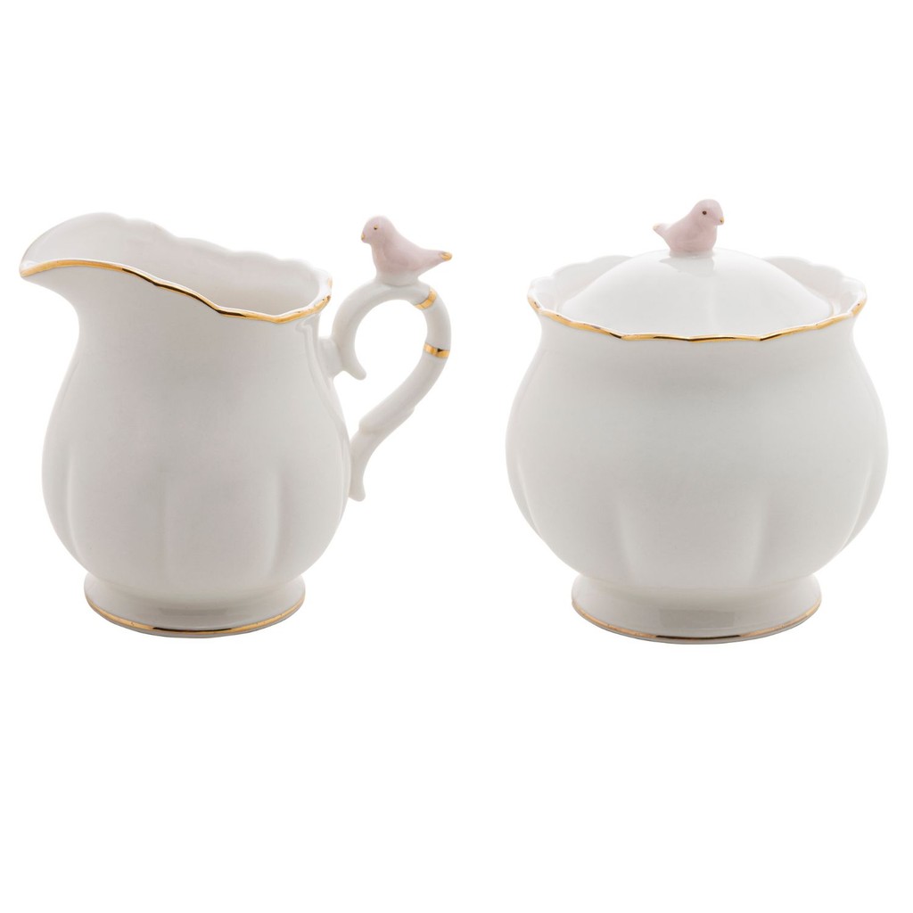 Conjunto de Açucareiro e Leiteira De Porcelana Birds Pássaro