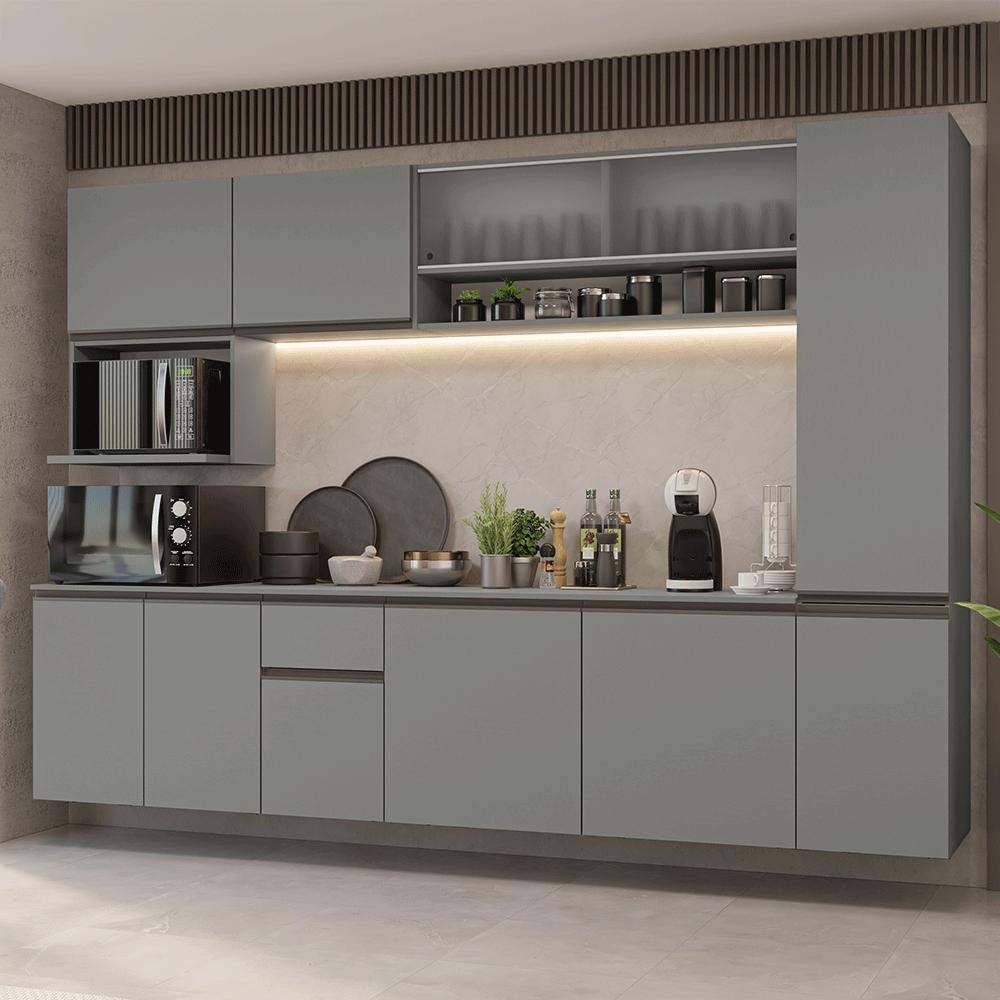 Armário de Cozinha Completa 280 cm Suspensa Cinza Nice Madesa 04 em Oferta na Shopee