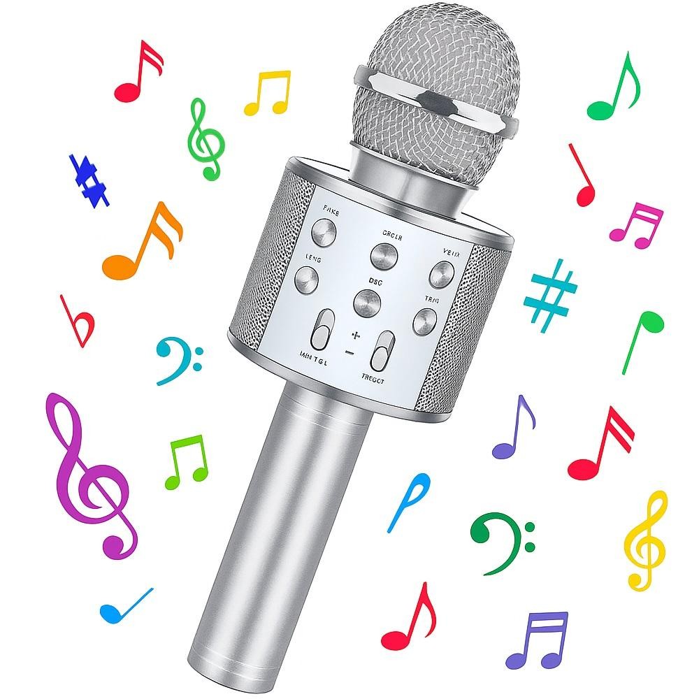 MICROFONE KARAOKE BLUETOOTH SEM FIO CAIXA DE SOM PORTATIL FESTA EVENTOS PRATA
