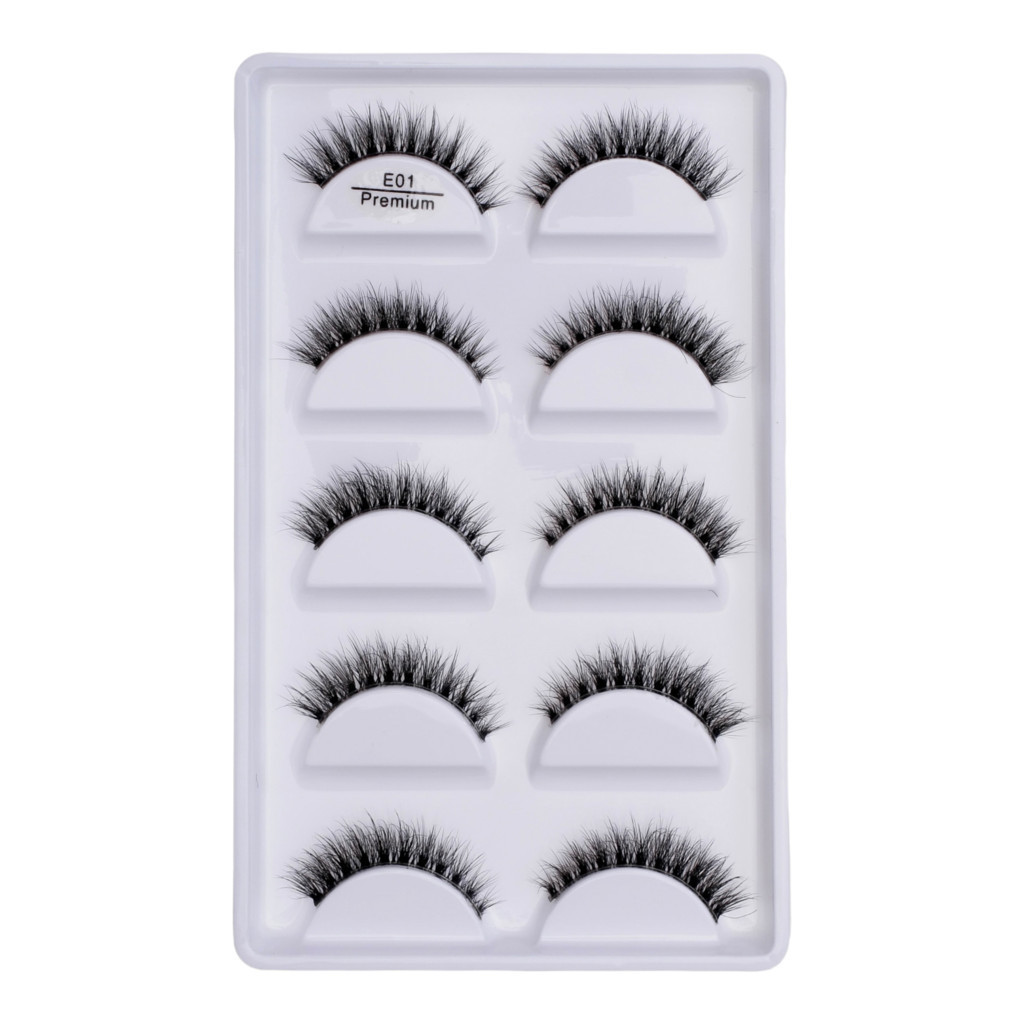 Cartela com 5 pares de cilios postiços naturais modelo - E01 PREMIUM (BASE TRANSPARENTE)