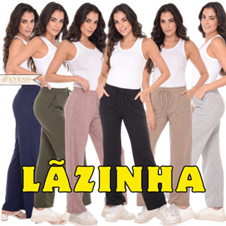 Calça Pantalona Feminina Com Bolso Cintura Alta Tecido Lanzinha em Oferta na Shopee