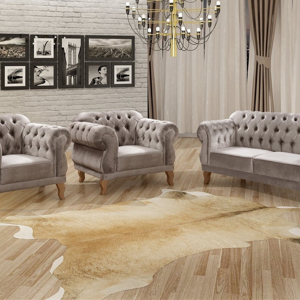 Conjunto Sofá Duquesa Chesterfield 2 Lugares e 2 Poltronas Cinza Capuccino