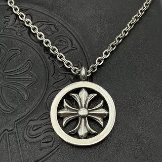 Chrome Hearts Colar de Corações Cromados /925 Colar de Prata Círculo Grande Cruzado de Flores CX010