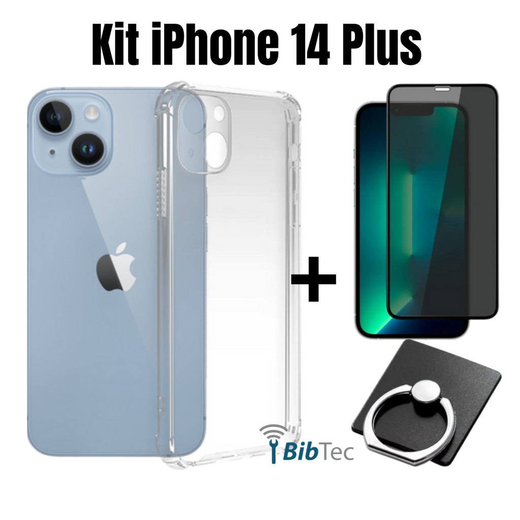 Kit Capa Capinha Transparente + Película 3D Vidro Privacidade + Suporte Anel para Iphone 14 Plus