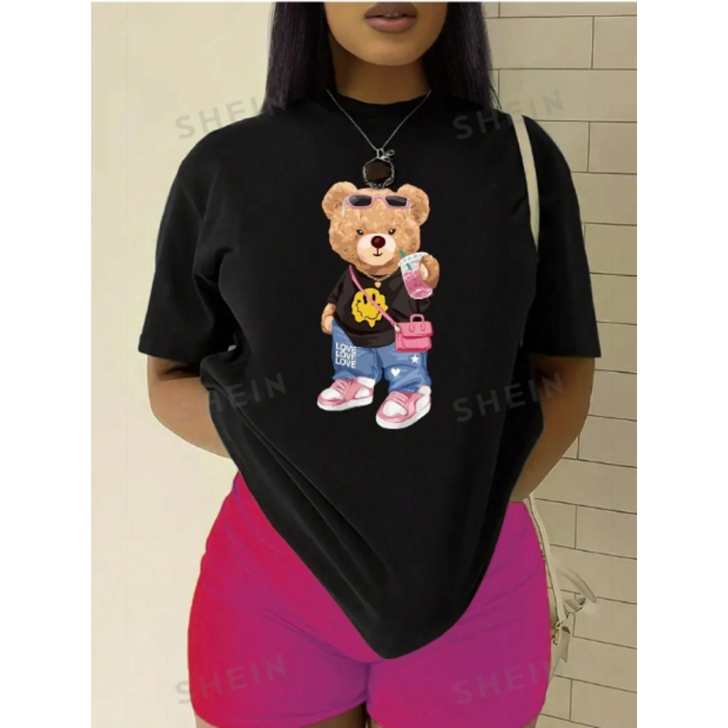 Camiseta Feminina Ombro Caído urso drip tumblr Streetwear T-shirt Camisa Blogueira Style OVERSIZED