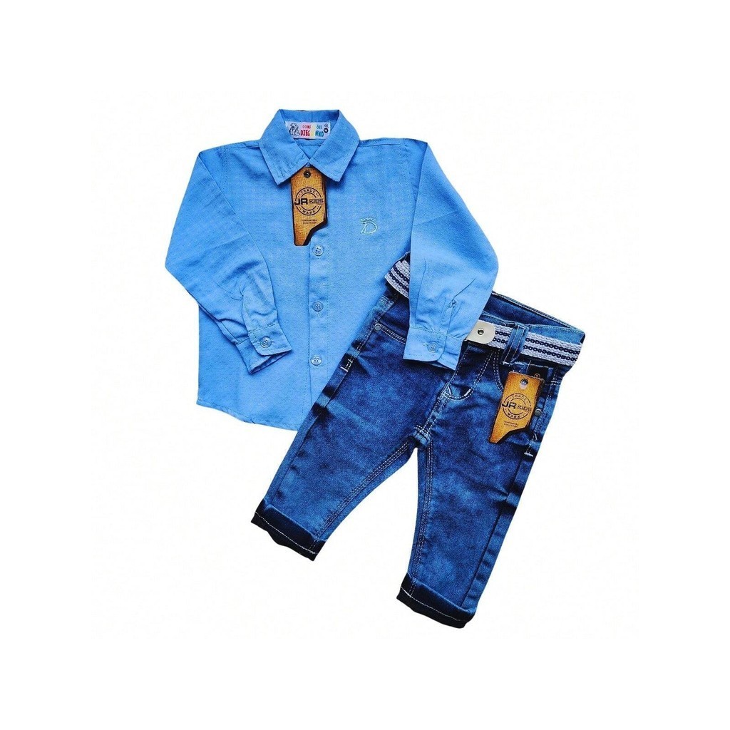 Kit camisa +calça sarja com lycra bebe meninos