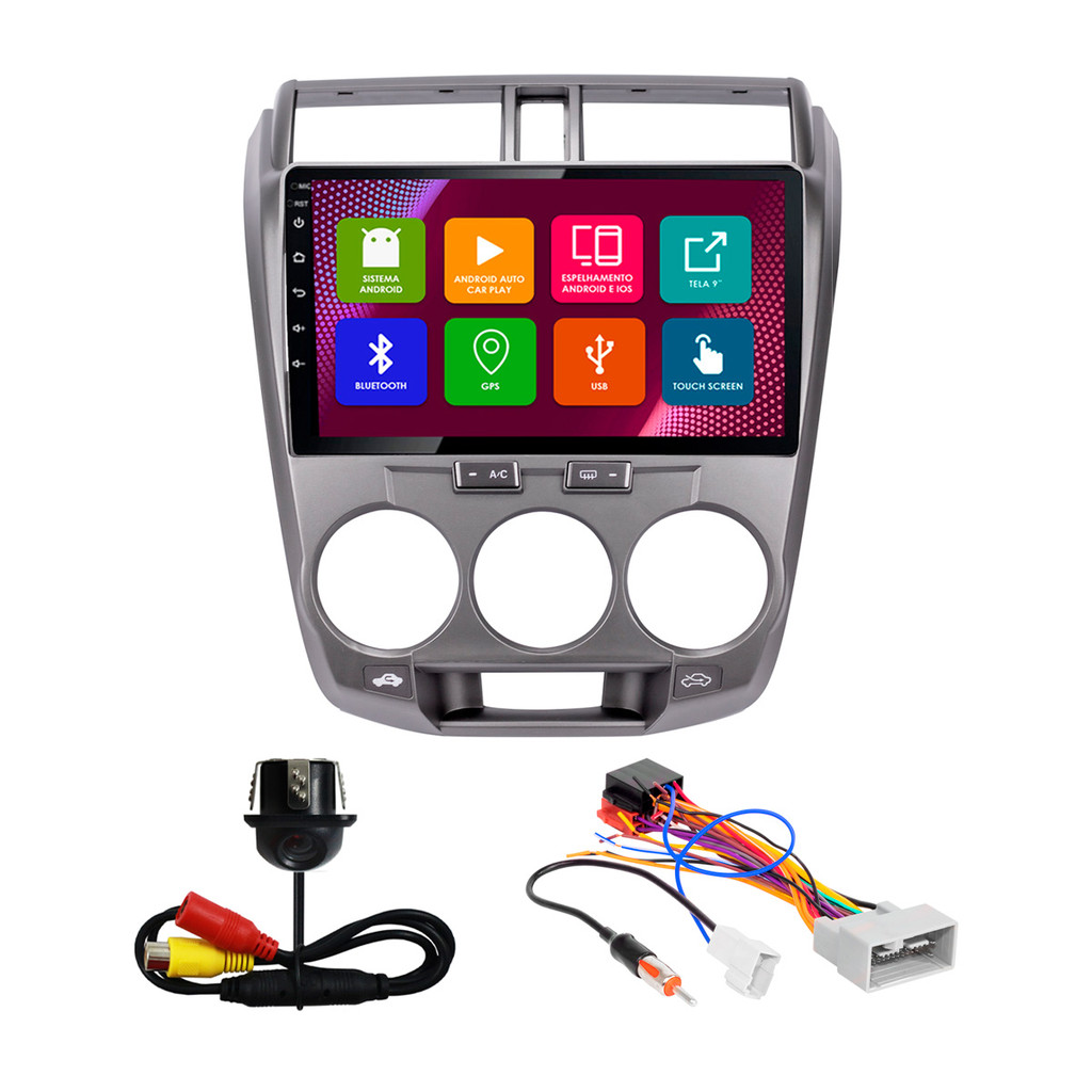 Kit Multimidia 10 Pol City Ar Analógico 2008 2009 2010 2011 2012 2013 Android 2Gb Ram 32Gb Flash Quad-Core 2 Din Grafite