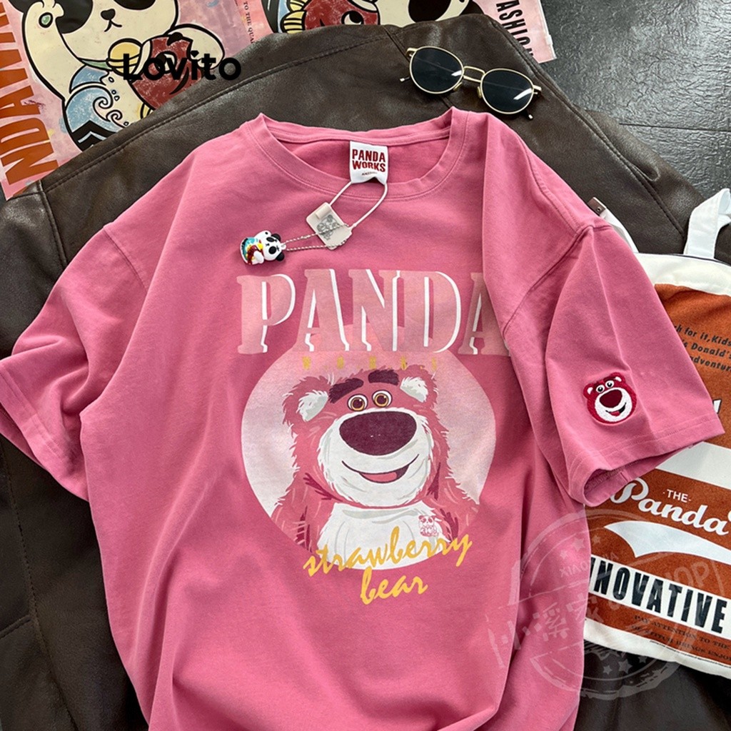 Casual Camiseta Feminina de Desenho de Urso e Morango com Texto LNE16051 (Rosa Choque)