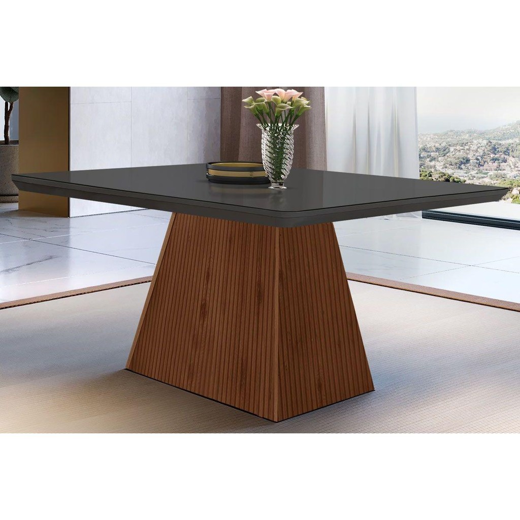 Mesa de Sala Jantar Luna c/Tampo Madeirado Vidro Canto Curvo 120x80cm Grafite/Imbuia Ripado 3D - Vidro Grafite - Rufato em Oferta na Shopee