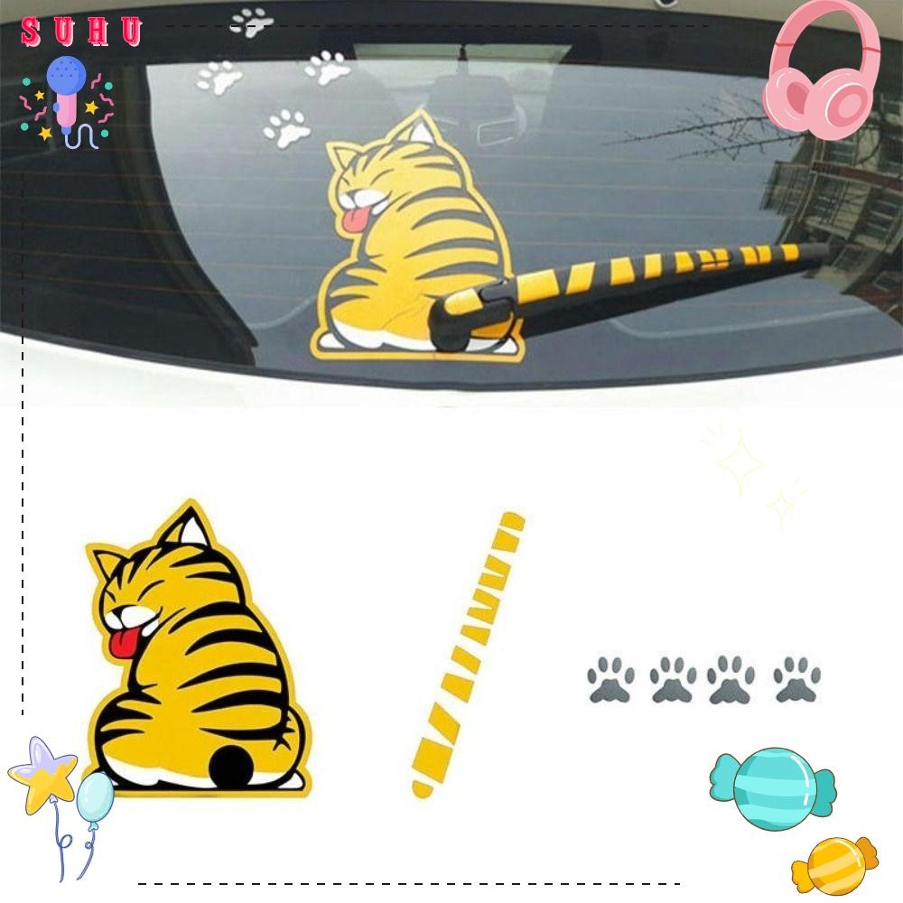 Decalque De Carro De Gato SUHU , Com Adesivo Acessórios Cauda Móvel , De Limpador Automático À Prova D'água