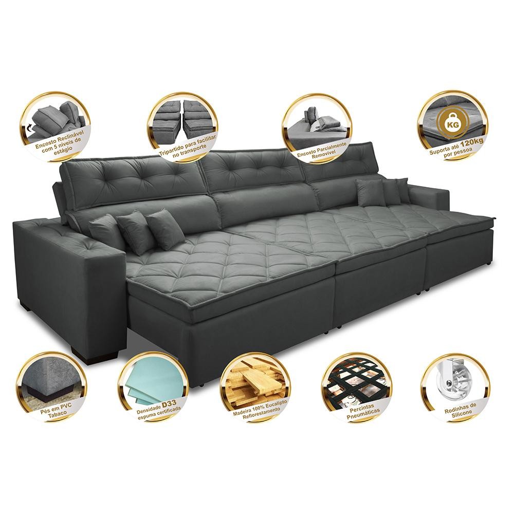 Sofá Austin 3,22m Retrátil, Reclinável com Molas no Assento e Almofadas, Suede Cinza Cama inBox · foto 2