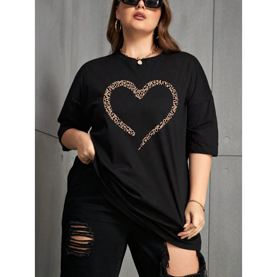 Camiseta Unissex Oversized Plus Size Feminina Masculina Estampa Coração Onça  Manga Curta  Amor Life Style Manga Streetw