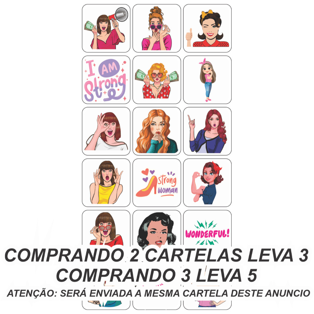 Cartela de Adesivos 18 Unidades de 3,8x3,8 cm Mulher Feminino Prova de Água Cores Vibrantes e Alta Durabilidade  Ideal para Tags Etiquetas Rótulos Brindes de Aniversário Lembrancinhas lembrança Lacres Cadernos Celulares Tubetes Latinhas Saquinhos brinde