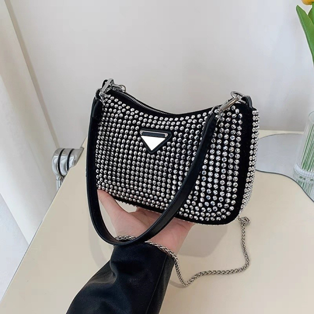 Bolsa crossbody feminina com alça de corrente prata glitter cristal strass  anjgg