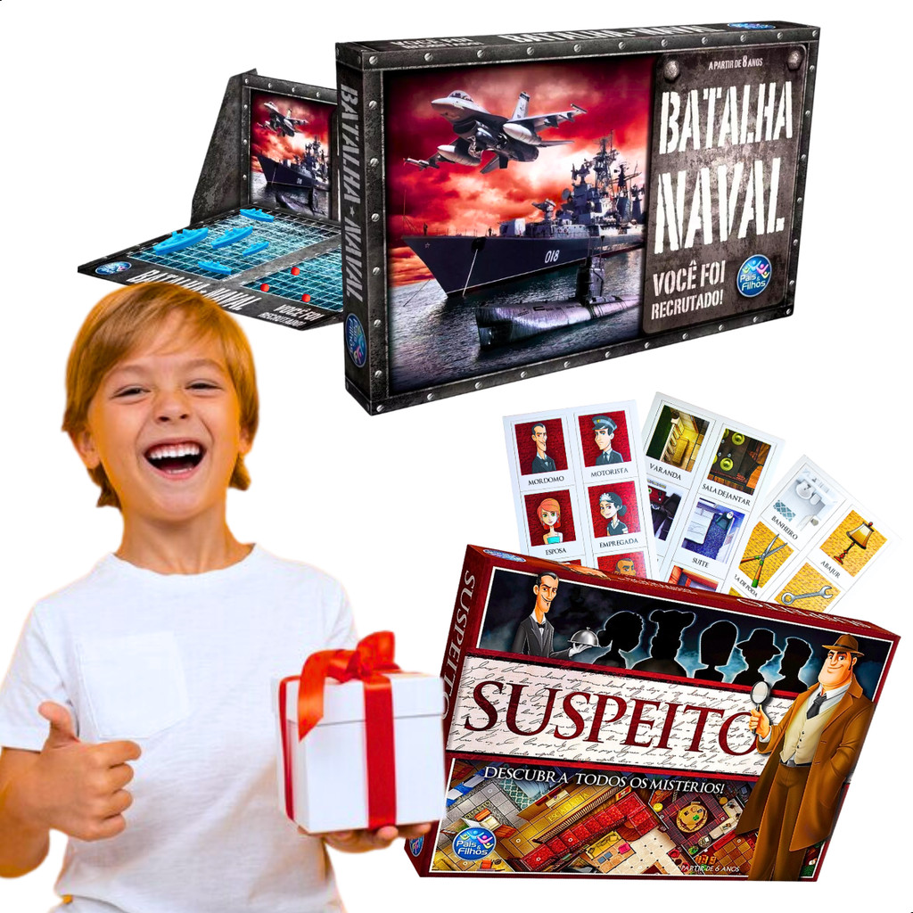 Kit jogos de tabuleiro batalha naval classico infantil educativos estrategia + brinquedo pedagógico suspeito  suspense