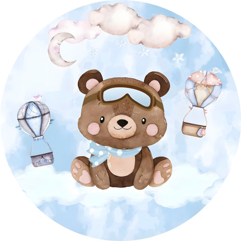 NOVO Painel Festa Infantil Redondo Ursinho Baloeiro Aquarela Azul + Arco, Suporte incluso. Fazemos personalizado com qualquer tema. Confeccionado em Lona fosca, impressão de alta resolução. cenário , p/ Decoração