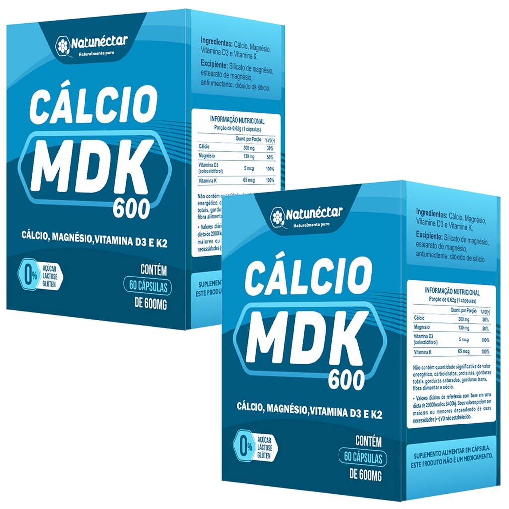 Kit Cálcio MDK Original Suplemento Natural Natunéctar Vitamina D3 K Magnésio 120 Capsulas 500mg