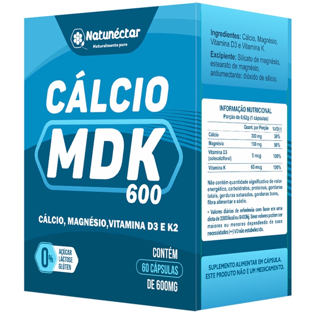 Cálcio MDK 600mg Equilíbrio Magnésio Vit D e k2 Suplemento Alimentar Narural-60 Cápsulas/Comprimidos