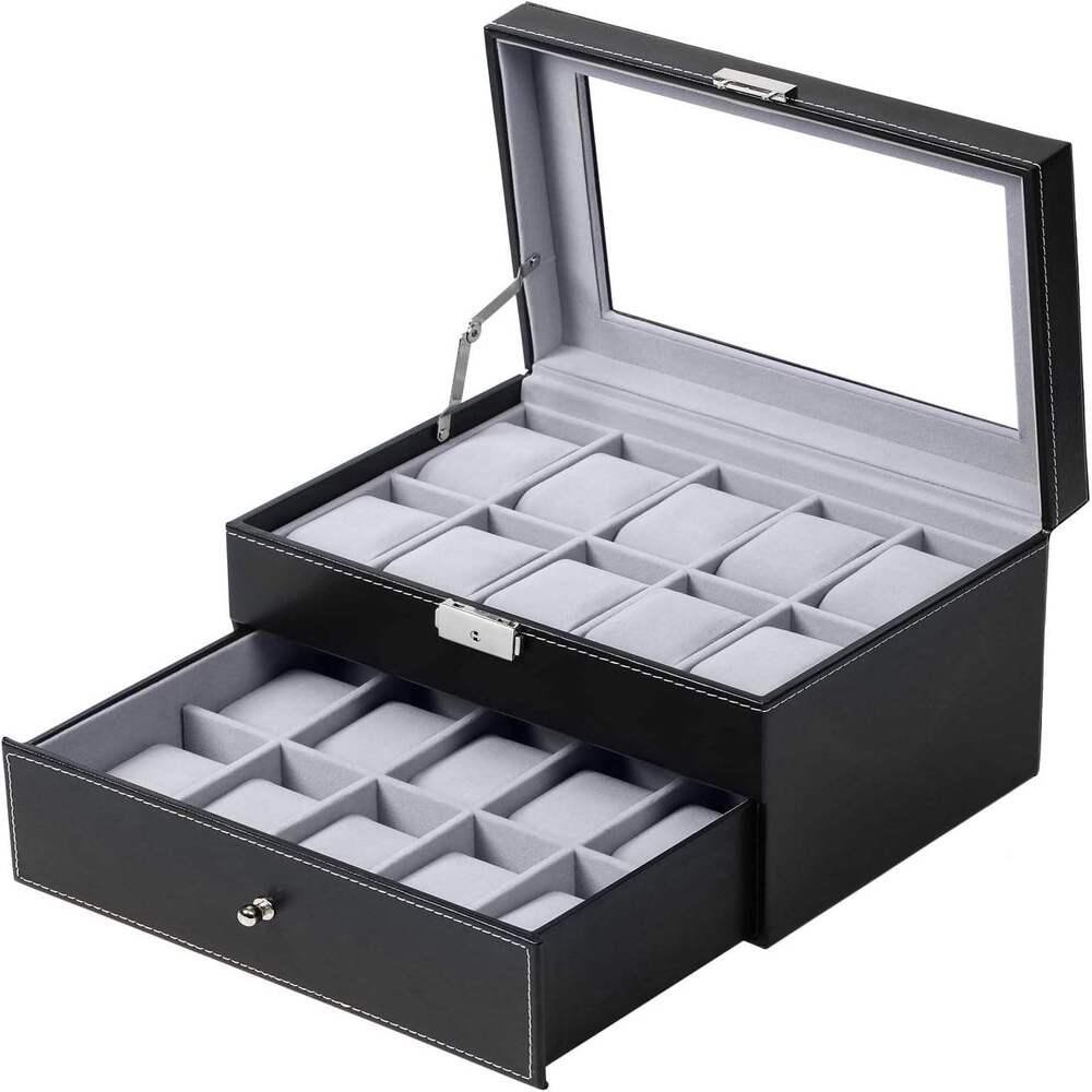 ORGANIZADOR DE 2 ANDARES PARA 20 RELÓGIOS COM GAVETA E VISOR