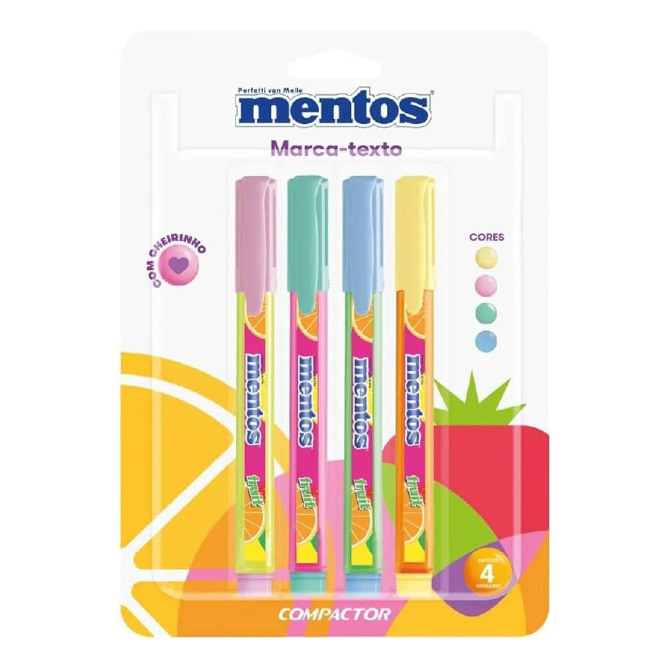 Pincel marca texto Mentos Pastel com 4 unidades Compactor