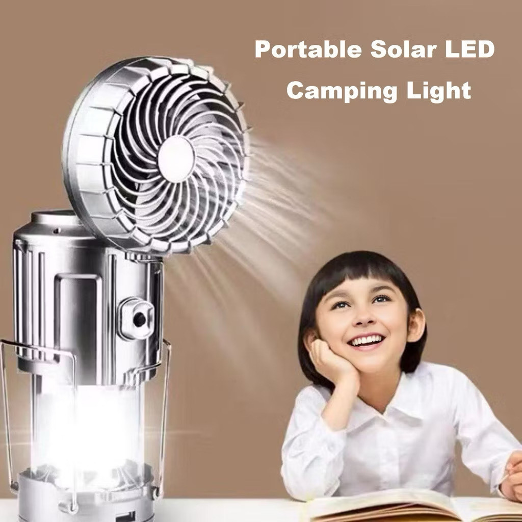 Lampião Lanterna Led Com Ventilador Portátil Recarregável e Carregamento Solar 3 em 1 Acampamento   anjgg