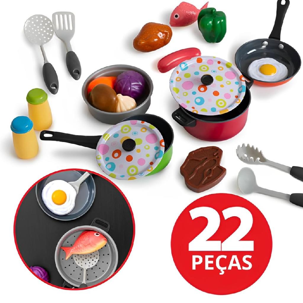 Jogo De Panelinhas Kit Cozinha Brinquedo Infantil Masterchef 22 peças com Frigideira e Utensilios 3 anos +