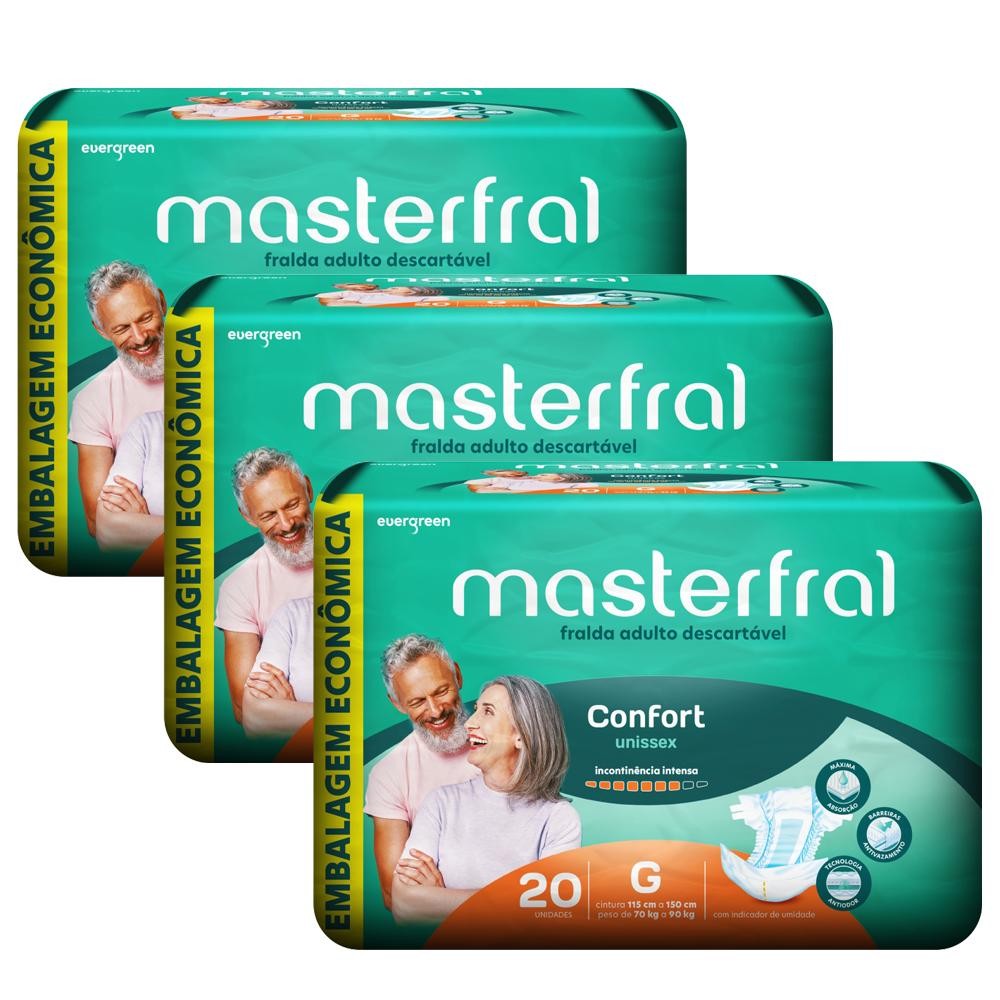 Kit 3 Fraldas Geríatrica Masterfral Confort G com 20un Embalagem Econômica - Health