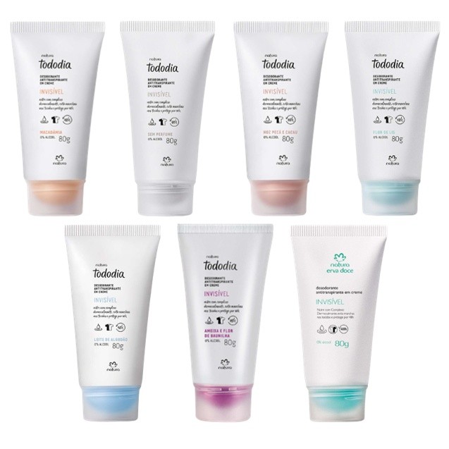 Desodorante Antitranspirante em Creme Tododia Natura - 80g (Algodão, Flor de Lis, Erva Doce, Macadâmia, Sem Perfume, Ameixa e Flor de Baunilha, Noz Pecã e Cacau, Manga Rosa)