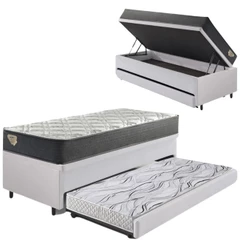Bicama Box Baú Viúva 120x203 Courino Linho Branco com Colchão Adapto Molas Ensacadas Ecoflex