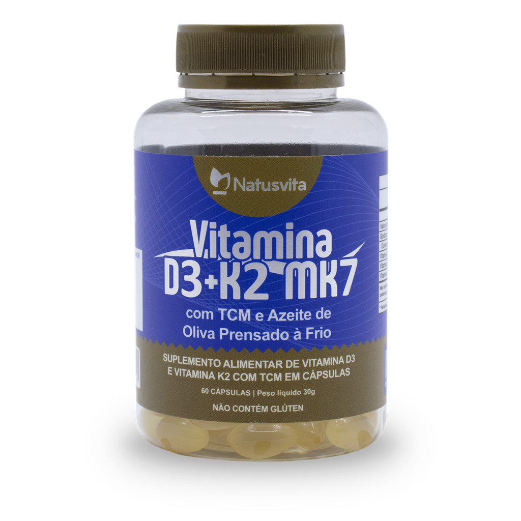 Vitamina D3 + K2 Mk7 com TCM e Óleo de Oliva Prensado a Frio em Softgel