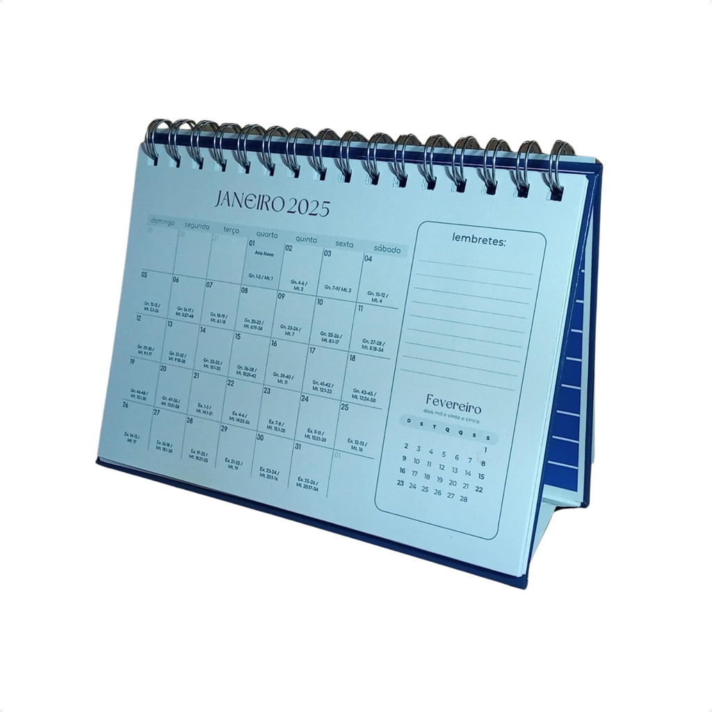 Calendário Mesa Cristão Bíblico Inspiração Reflexão - Linho Azul Páginas Papel Cartão 300gr Leitura Biblia Em