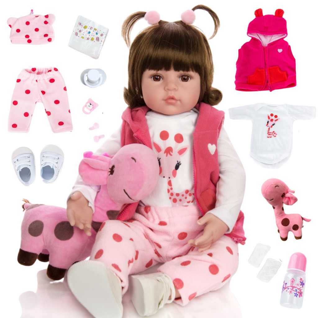 Boneca Reborn Bebê Girafinha Luxo Original Realista de Silicone Menina Pode Dar Banho Envi...