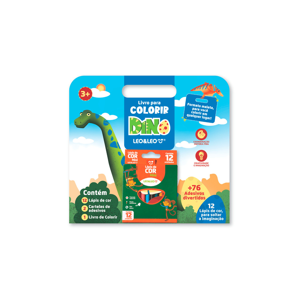 Livro para Colorir Infantil Tema Dinossauro com Adesivos e Lápis de Cor – Kit Criativo Leo&Leo