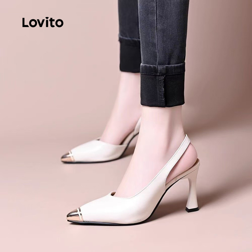 Detalhes do Lovito Saltos Elegantes Simples  Ponta de Metal Slingback All Seasons Preto para Mulheres LFA87030