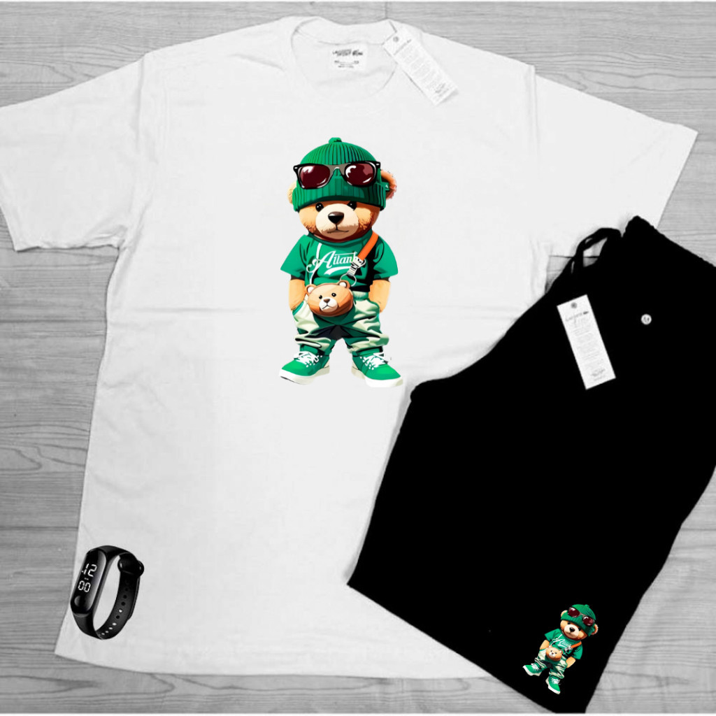 Conjunto Kit camiseta verão 100% algodão 30,1 bermuda leve para caminhada e academia URSO ESTILOSO  + RELOGIO DIGITAL