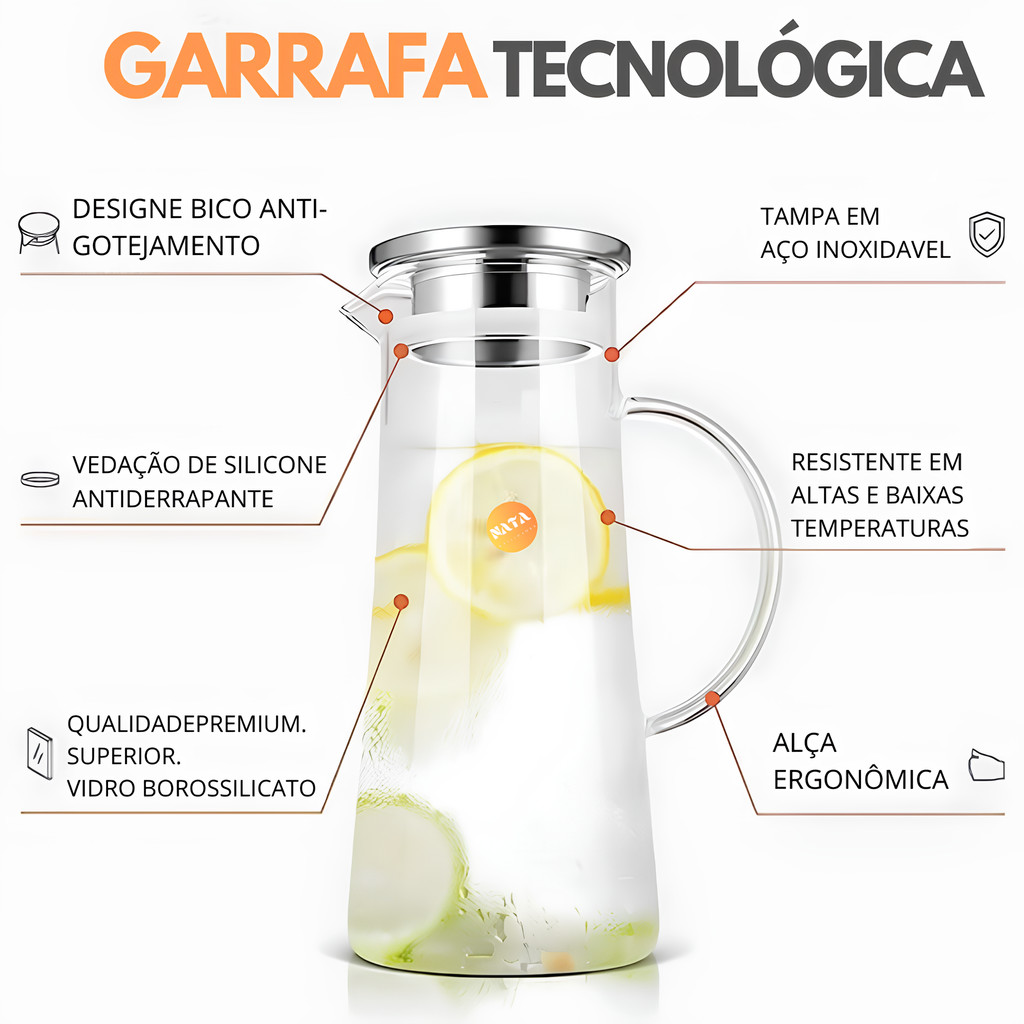 Jarra de Vidro 1,8L Borossilicato Transparente com Tampa Inox Linha Mesa Posta Jarra de Suco Geladeira · foto 2