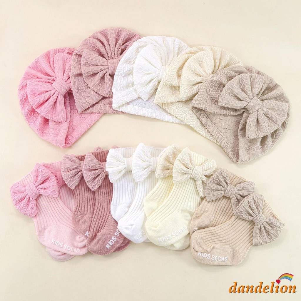 Conjunto De Chapéu E Meias Turbante Para Bebês Meninas , Gorro Infantil Com Laço Macio Fofo Recém-Nascidas