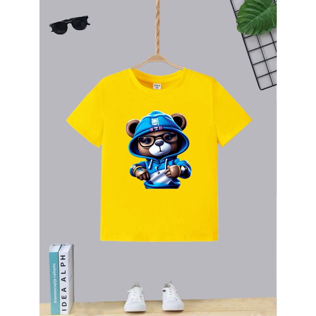 Blusa Manga Curta T-shirt Camiseta Infantil Juvenil Teen Urso Moletom Moda Boy Algodão Gola Redonda
