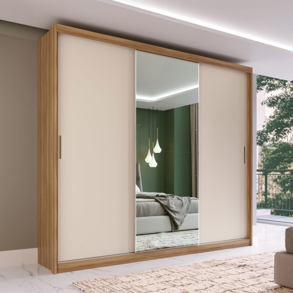Guarda-Roupa Casal Dalila 3 Portas 4 Gavetas 5 Prateleiras com 1 Porta Espelho 100% MDF Amêndola/Off-White - Demóbile em Oferta na Shopee