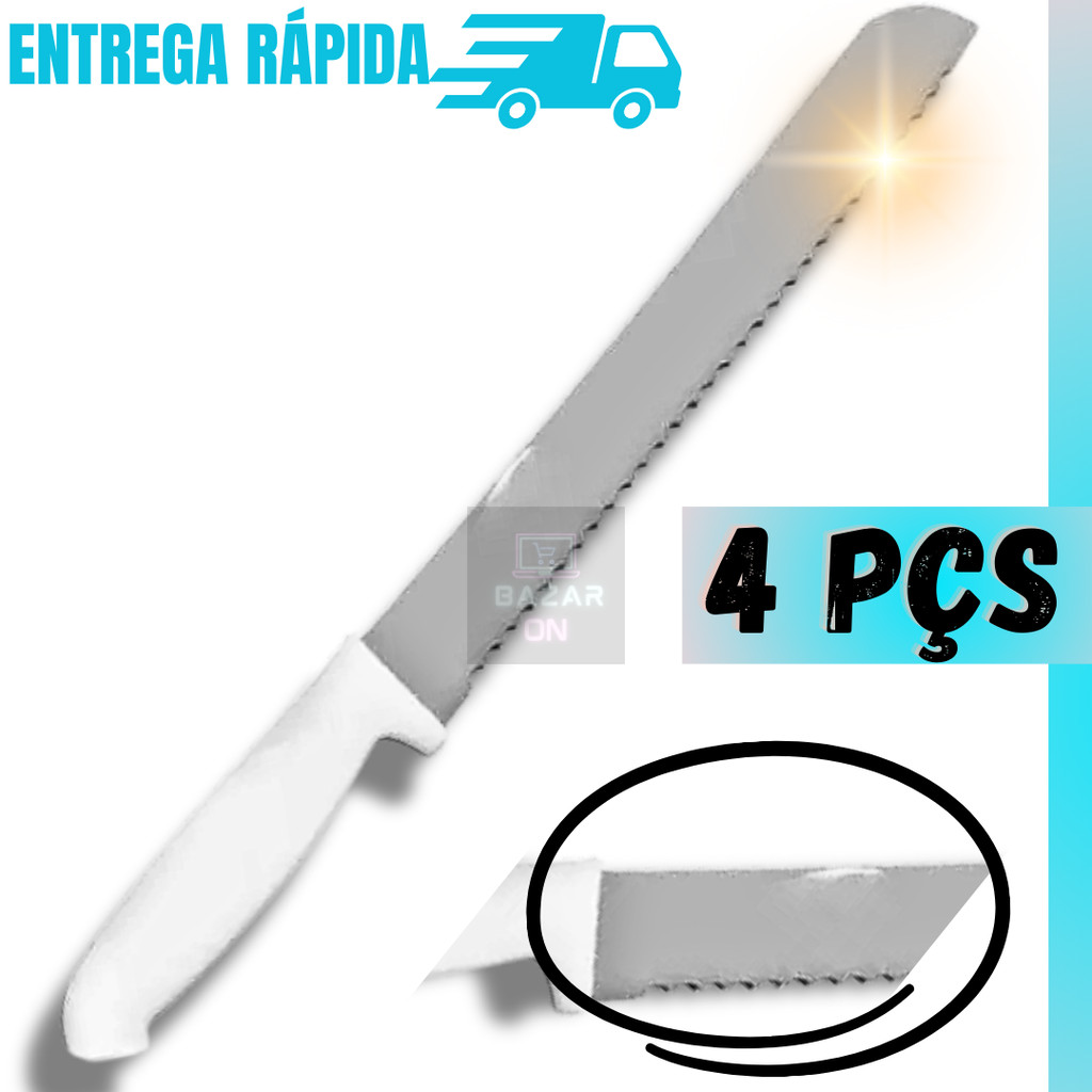 Kit 4 Facas Para Pão Grande Com 32cm De Serra Afiado Cabo Ergométrico Branco Aço Inox Profissional