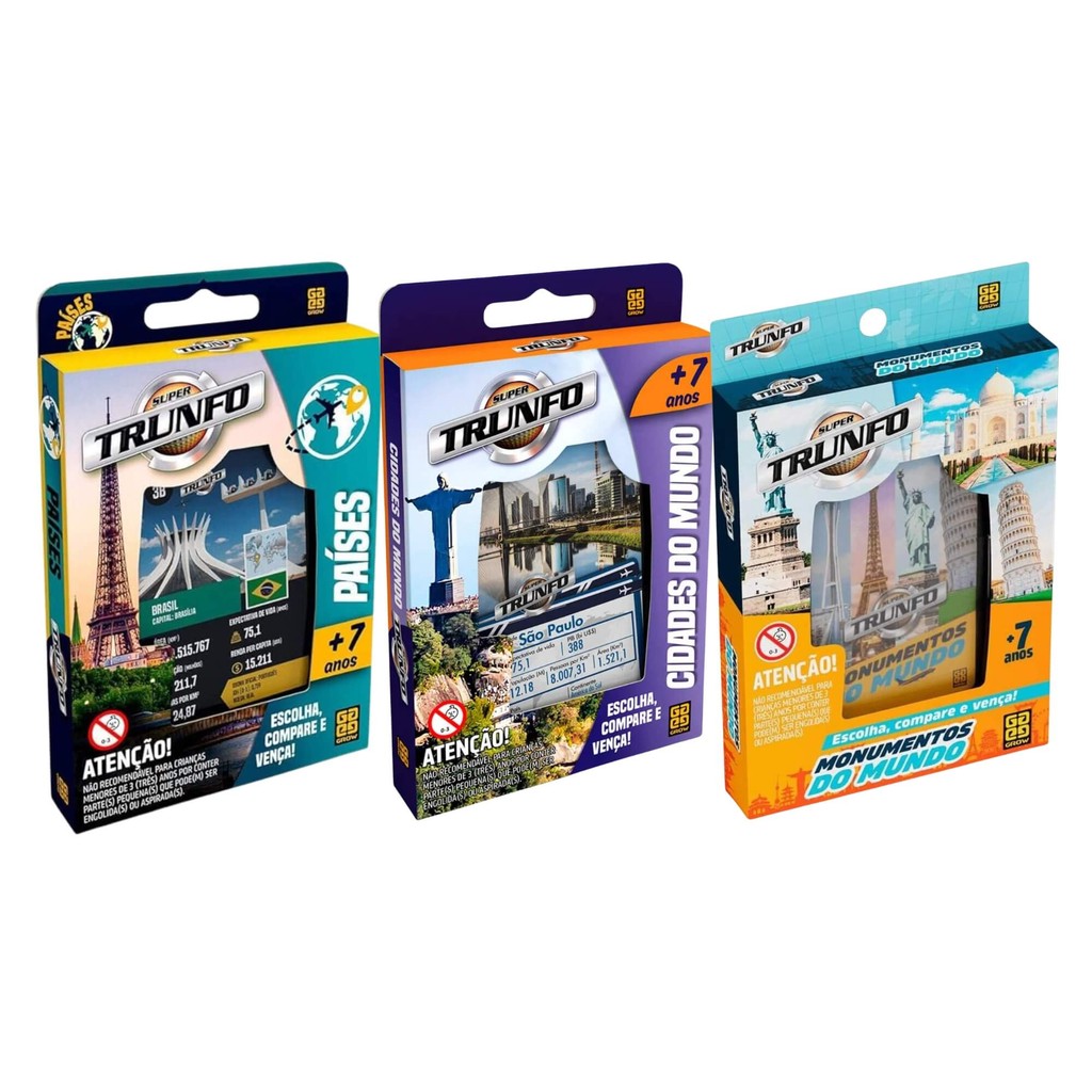 Kit 3 Jogos Super Trunfo Grow Países + Cidades do Mundo + Monumentos do Mundo