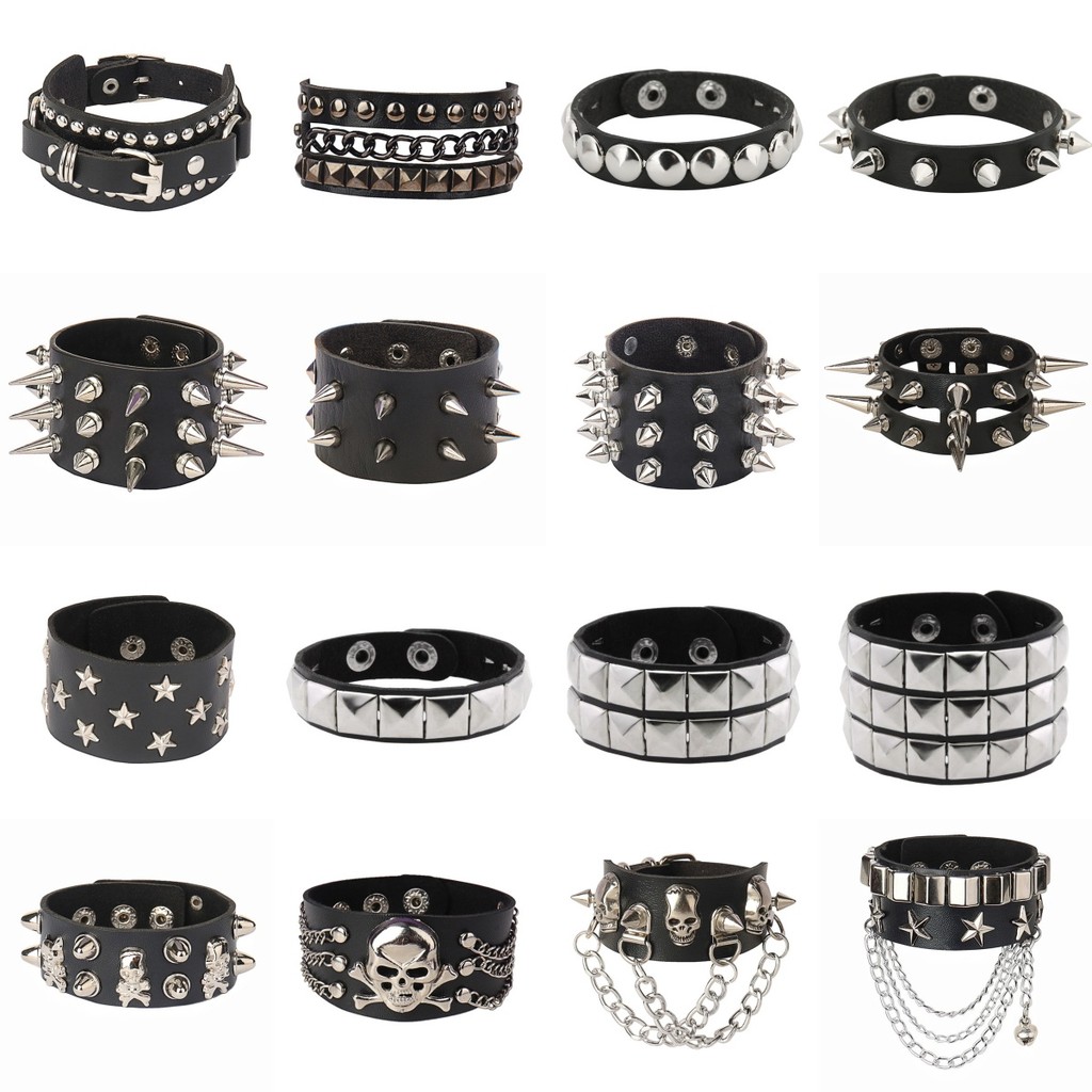 Punk PU Couro Cravejado Pulseira Ajustável Gótico Rebite Cuff Pulseiras Para Homens Jóias em Oferta na Shopee